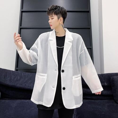 Mens Casual Loose Blazers Jacket See-through Single Breasted Sunscreen Cotton Linen Coat Black White
