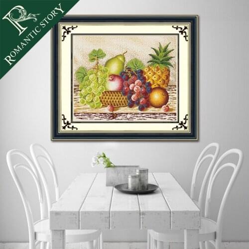 Romantic Story Grape Pear Apple Orange Fruit Pattern 11CT DMC Cross Stitch Needlework DIY Printing Cross-Stitch Set Embroidery