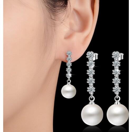 New Arrival Fashion Silver Color Stud Earrings For Women Sweet Temperament Shiny CZ Pearl Flower Long Earrings Jewelry Gifts