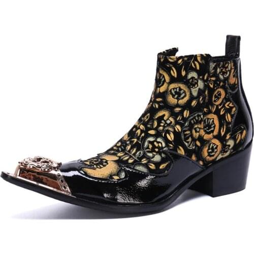 Western Cowboy High Heel Ankle Boots Men Trendy Pointed Toe Wedding Dress Shoes Mens Career Work Height Increase Short Boots