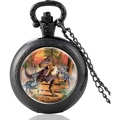 Ancient Dinosaur Park Design Vintage Quartz Pocket Hours Clock Watch Men Women Pendant Necklace Gifts