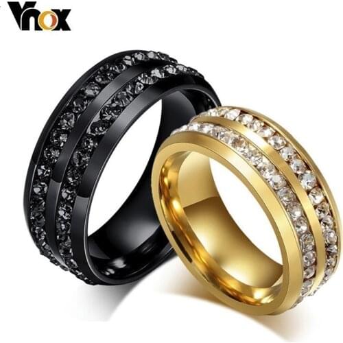 Vnox 8mm Black Dual Row Crystal Wedding Rings for Women Men Stainless Steel Bling Rings Lover Promise Bands
