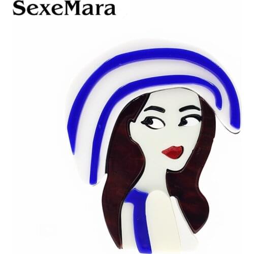 SexeMara Fashion Elegant Acrylic Girl Brooch For Women Big Blue Hat Long Hair Lovely Girl Pins Lapel Badges Party Gift Jewelry