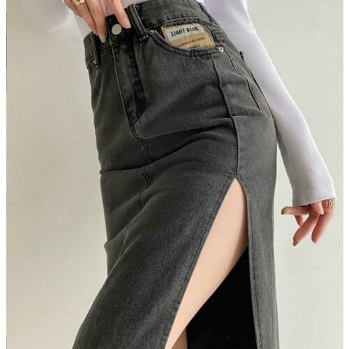 2021 New Women Sexy Denim High Waist Split Jeans Wrap Skirts Ladies Vintage Light BLue Black Denim Long Pencil Midi Streetwear