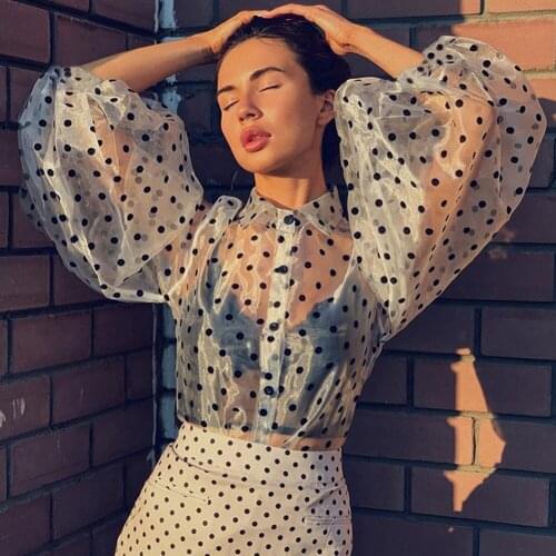 Sexy Mesh Shirt Women V-neck Polka Dot Puff Sleeve See-through Retro Loose Button Blouse High Street Female Wear