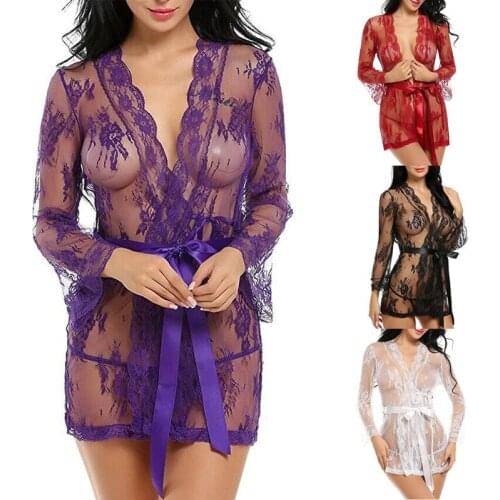Women Sexy Transparent Robe Bathrobes Ladies See-through Lace Mesh Sleepwear Nightwear Nightdress Sleepdress Exotic Apparel