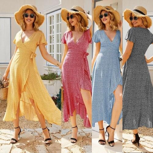 YYCZF Women Dresses SP & AU 2021 Sexy Club Party V-Neck Short Sleeve Loose Waist Belt Print Floral Casual Dress Vestidos