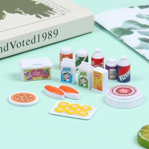 1Set 1:12 Dollhouse Mini Snack Cake Milk Drink Set Kitchen Bread Pizza Tableware Toy