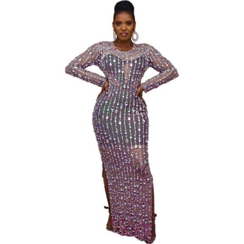 African Mesh Maxi Dress Women Full Sleeve Split Robe With Diamond 2021 New Gauze See Through Sexy African Clubwear Dress Outfits