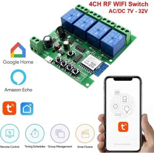 Tuya Smart Remote Control Wifi Wireless Switch Module 1CH/4CH DC 7V 12V 32V Inching Self-locking RF Receive 10A Relays