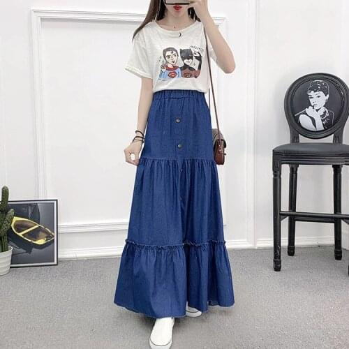 Summer long Skirts big swing denim retro buttons high waist elastic floor skirts TA263
