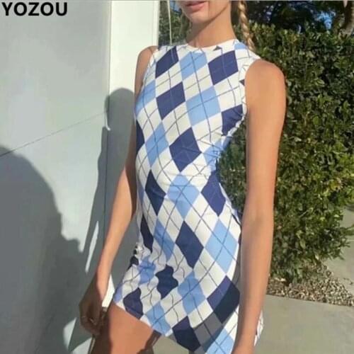 YOZOU Summer Women Plaid Pattern Blue Sleeveless O-Neck Short Mini Dress YL-490