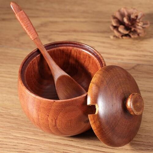 Natural Wood Tableware Spice Jar Kitchen Supplies Seasoning Sauce Pot with Lid Bowl Salt Shaker Box Tin