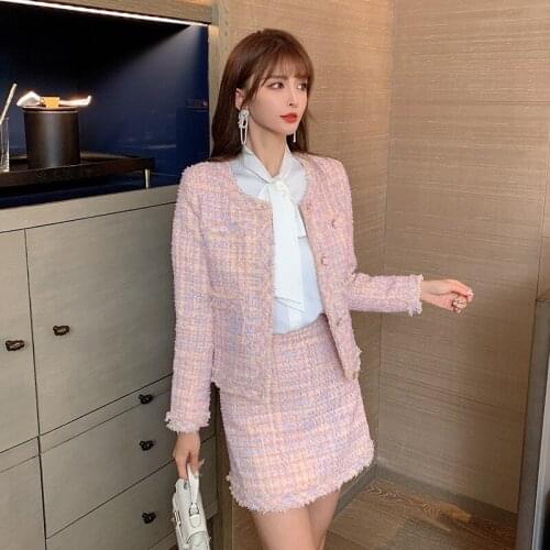 New Arrival Fashion Pink Tweed Coat + Mini Skirt Suit Autumn / Winter Womens Jacket Business Elegant Tassels Skirt 2 Piece Set