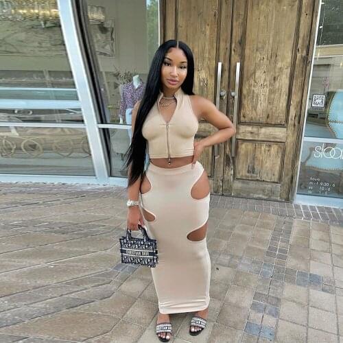 Zipper Front Sleeveless Bandage Slim Fit Tank Tops and Side Hollow Skinny Maxi Skirt for Women Fashion Summer Two Piece Outfit