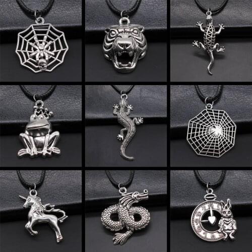Animal Necklace Black Leather Chain Necklace Tiger Spider Frog Dragon Rabbit Horse Gecko Lizard Pendant Necklace