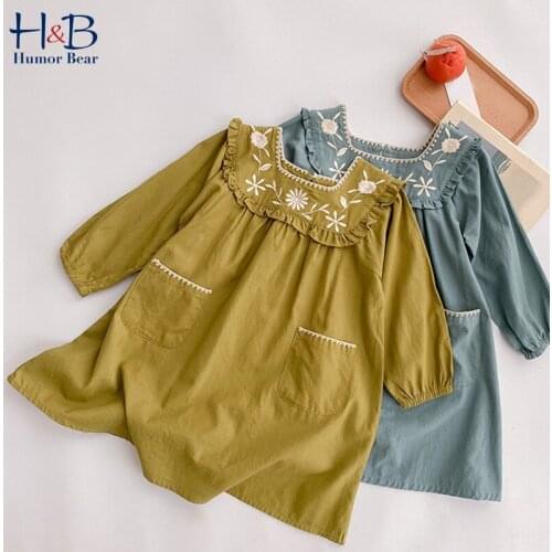 Humor Bear Girls Dress NEW Autumn Square Collar Long- Sleeve Ruffle Embroidered Loose Princess Dress Toddler Clothes