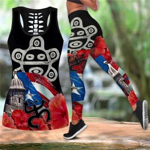 Puerto Rico Sol Taino Symbol Combo Outfit Leggings and Hollow out Tank Top Suit Yoga Fitness Soft Legging Summer Women For Girl