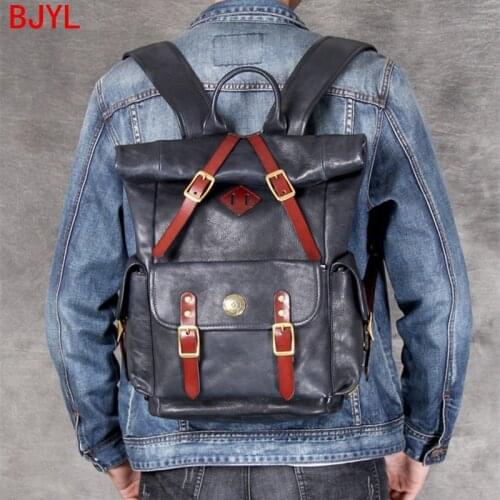 New Vintage Leather Men Backpack Shoulder Bag 14 Inch Laptop Bag Computer Bags Original Large Capacity Travel Male Cow Leather