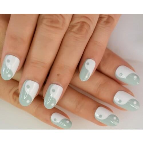 Chinese Taichi Style Press On Nail Tips Medium Short Almond Supplies For Professionals Finger Nail Tips Reuseable Datechable Set