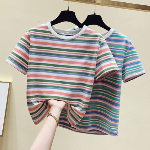 Rainbow Striped T Shirt Women 2021 Summer Cotton T-Shirt Female Korean Fashion Tshirt Short Sleeve Clothing Tee Shirt Femme