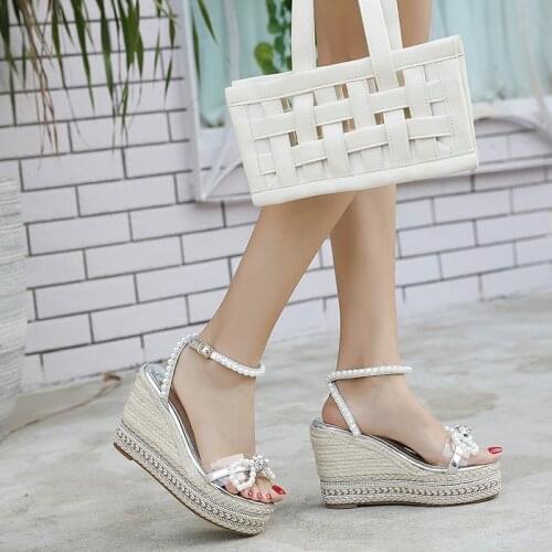 2021 Summer Women Wedges Sandals Bead Decoration Platform Korean Style Ladies Shoes Sweet Office Lady Shoes Mothers Day Gift