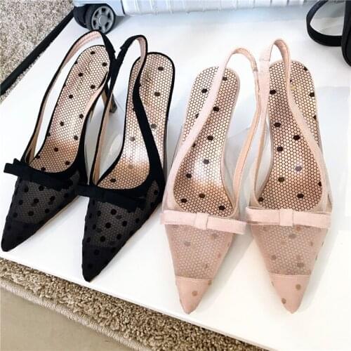 2021 Summer New Fashion Tip Mesh High Heels Large Size Stiletto Sandals Ladies Sexy Dress Shoes Bow Heeled Womens Shoes Pumps