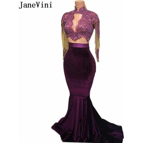 JaneVini Sexy Mermaid Purple Prom Dresses 2019 High Neck Long Sleeve Appliques Beads Velvet Prom Two Piece Gown Bestidos De Gala
