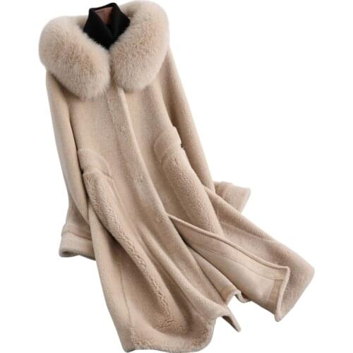 2019 fashion new warm sheep shearing coat female long hooded coat for women fox fur collar composite fur Christmas gift C930-11