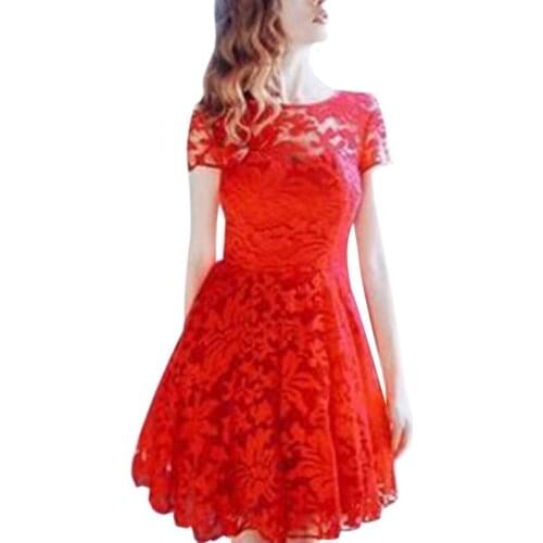 Weweya Women Floral Lace Dresses Short Sleeve Casual Soild Color Blue Red Black White Party Mini Dress Plus Size 5XL Vestidos