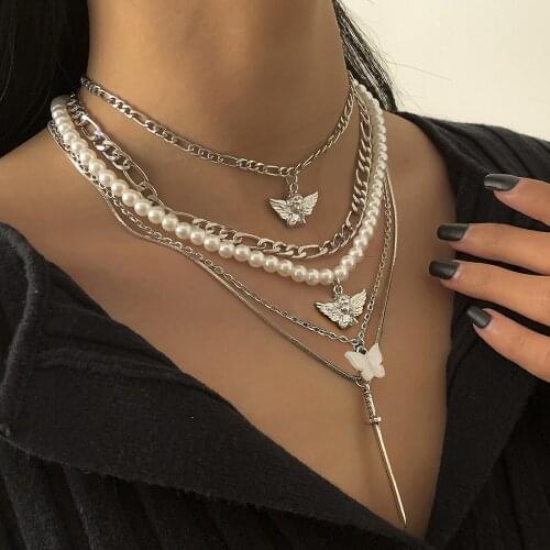 2021 New Womens Multilayer Retro Pearl Necklace Butterfly Double Angel Long Knife Pendant Necklace Bohemian Jewelry Wholesale