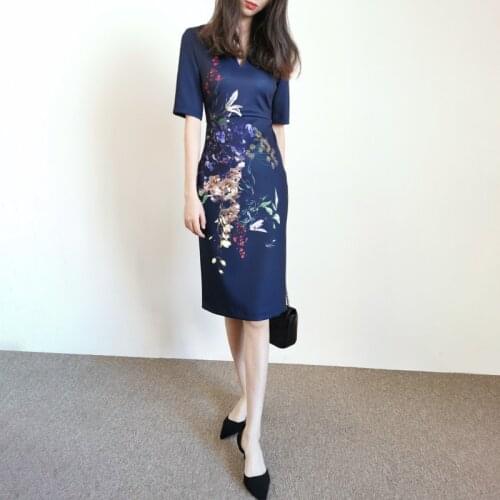 2021 New Spring Navy Blue Bodycon Floral Print V Neck Midi Elegant Dress Size 0-5 Cheongsam Dress