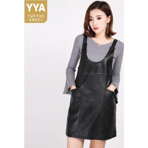 2020 New Women Spring Autumn Black Genuine Leather Real Sheepskin Strap Dress Fashion Slim Office Party Midi Robe Plus Size 3XL
