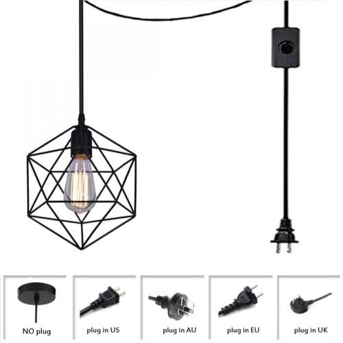1 Light Hanging Swag Lamp with Plug In Cord Black Industrial Vintage Cage Plug In Pendant Light Iron Light Fixtures