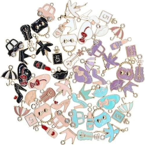 10pcs Mixed Enamel ROCK Charms Mini Black Heart Lipstick Clothes Bag Hat Alloy Girl Supplies For DIY Jewelry Making Accessory