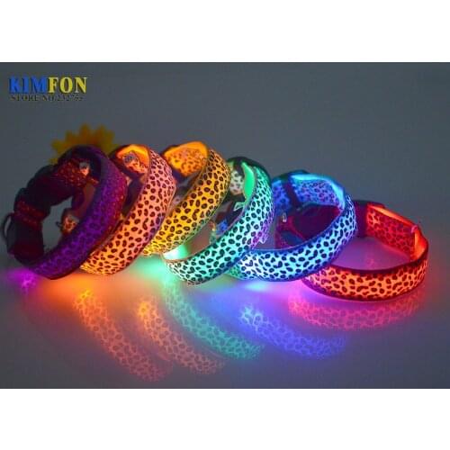 100Pcs/Lot Pet Dog Leopard Nylon Safety LED Collar Colorful Flash Light Necklace For Dog