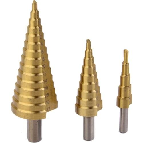 3pc Hss Step Cone Taper сверло ступенчатое Drill Bit Set Hole Cutter Metric 4-12/20/32mm 1/4" Titanium Coated Metal Hex Bits