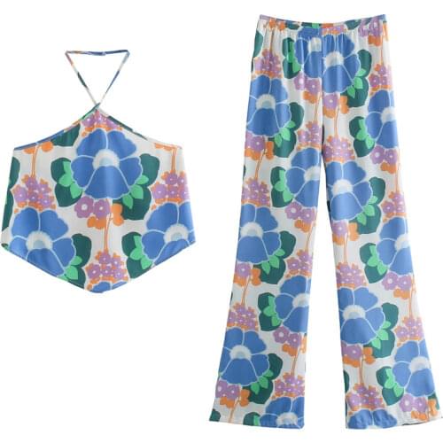 Za Women Fashion Blouses Vintage Print Open Back Female Chic Neck Strap Vest And High Waist Straight Pants