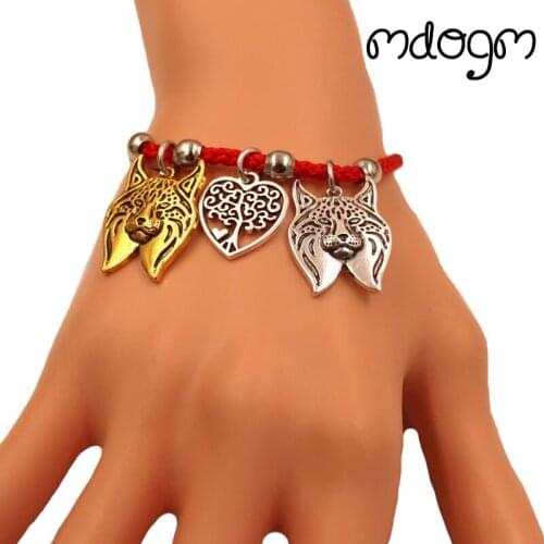 Lynx Cat Animal Charm Bracelet For Women Men Couple Love Rope Male Female Pearl Red Heart Black Girls jewelry