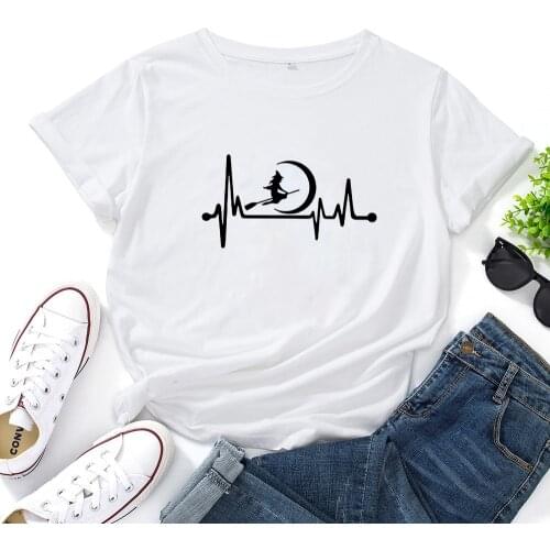 Heart Rate Witch Printing Graphic T Shirts Women Summer Casual Fashion Camisetas Mujer Women Cotton O-neck Loose T-shirt