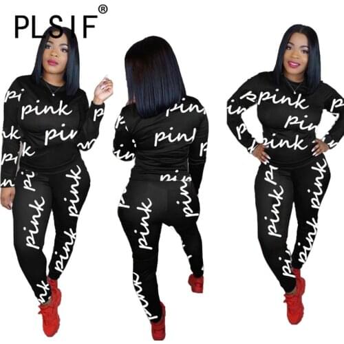 Women O Neck 2 Pieces Clothes Set Long Sleeve Pink Letter Tracksuit Sporty Matching Suit