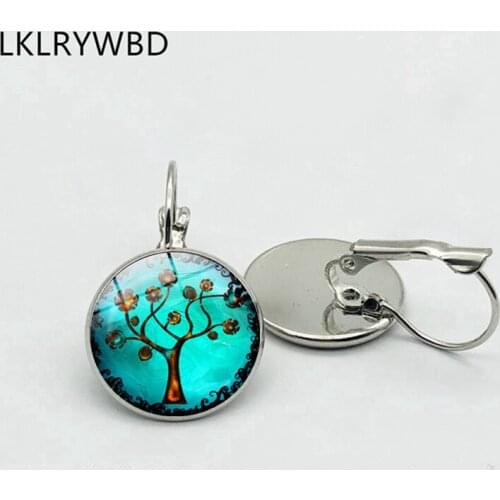LKLRYWBD / Tree of Life Stud Earrings Silver Bronze Earrings Glass Earrings Fashion Girl Jewelry