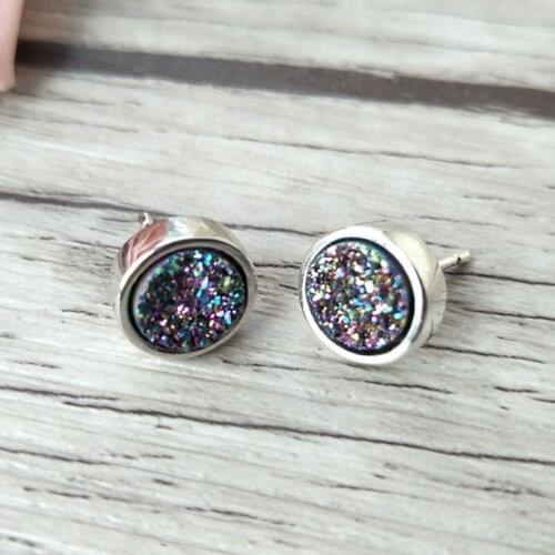 Wholesale 5 pairs 10mm Round Shape Stone Stud Earrings,Natural druse crystal Titanium Druzy Gem stone Stud Earrings ER347