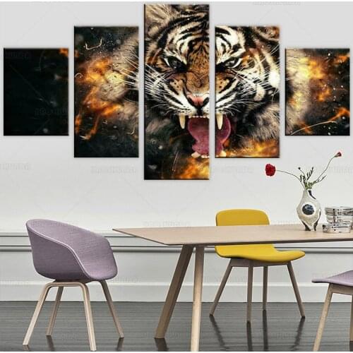 Roaring Wildlife Tiger Tooth Posters 5pcs Modern Home Wall Decor Canvas Picture Art HD Print Painting On Canvas for Living Room