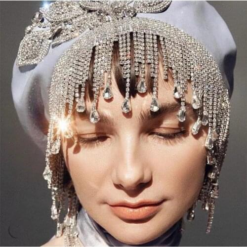 Luxury Rhinestone Long Tassel Head Chain Bridal Forehead Headband Jewelry for Women Bling Crystal Water Drop Pendant Headpiece