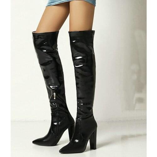 Winter Patent Leather Pointed Toe Sexy Women Thigh High Boots Fashion Slim Ladies Over the Knee Boots Super High Heel Boots Red
