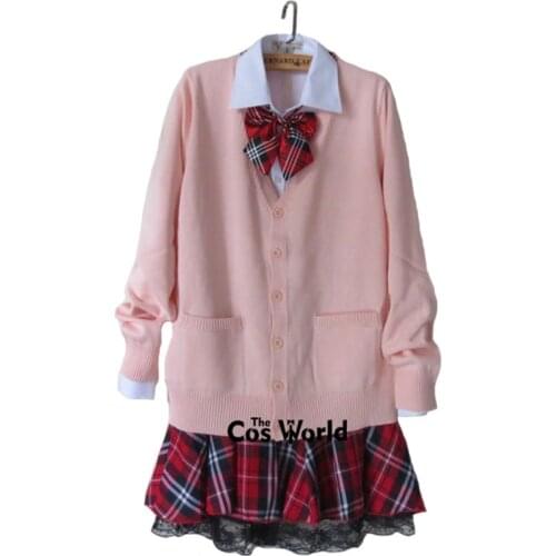 Preppy Style Student Class Japan JK High School Uniform Winter Pink V-Neck Cardigan Red Plaid Skirt White Shirt Suits