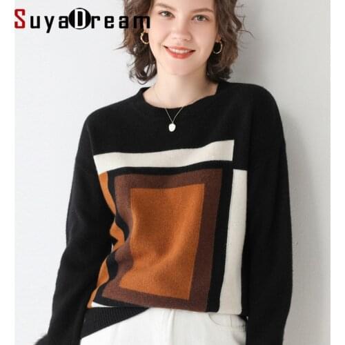 SuyaDream woman Wool Sweaters 100%Wool Round Collar Jacquard Pullovers 2020 Fall Winter Warm Knitwear