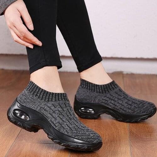 Womens knitted vulcanized shoes, womens sneakers, stretch fabric, breathable platform shoes