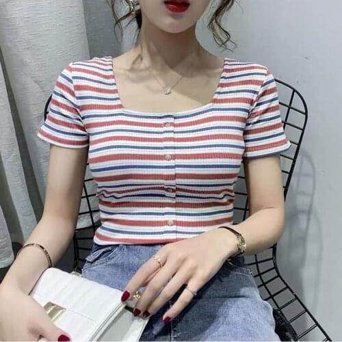 Women Spring Summer Style Sexy T-Shirts Tops Lady Casual Slim Low-cut Collar Short Sleeve Striped Print Sexy Tees Tshits ZZ0122